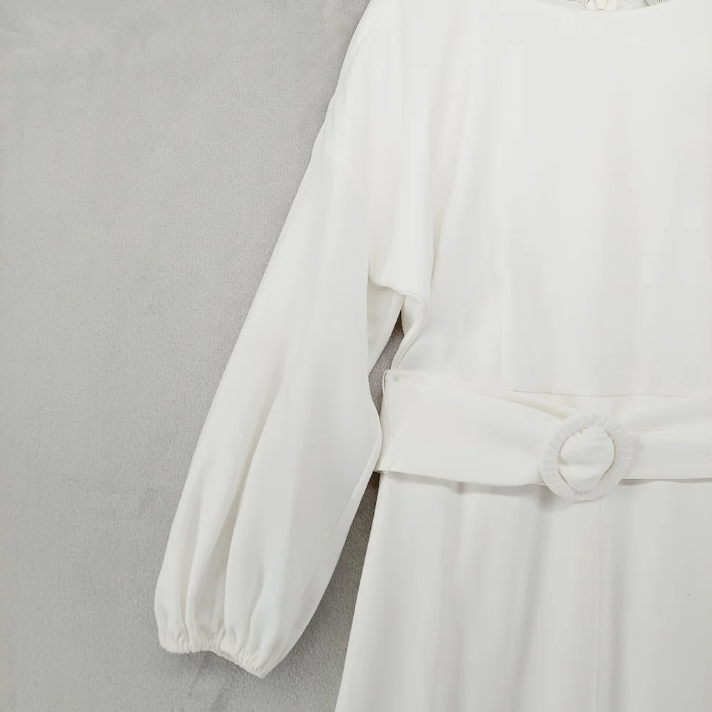 New Sachin & Babi Annie  White Crepe Sheath Belt & Blouson Sleeves Dress P4520 - Picture 7 of 11